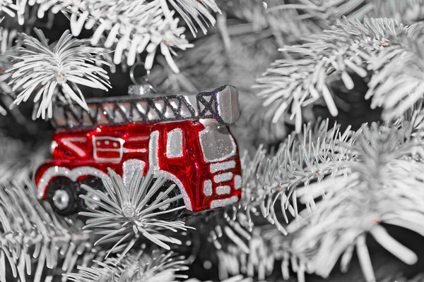 Close Red Fire Truck Hanging Cristmas Tree Agains White Branches — Stock Photo, Image