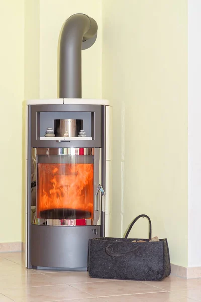 Modern wood burning stove in a living room. Home interior