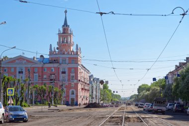 Komsomolsk-on-Amur, Russia - May 26, 2018: Old pink building which is considered as unofficial city symbol located t the street 