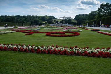 Vienna, AUSTRIA 15 Ağustos 2019 Schnbrunn Sarayı. Gloriette, Neptün Çeşmesi ve Büyük Parterre