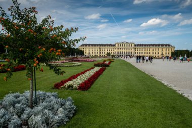 Vienna, AUSTRIA 15 Ağustos 2019: Schnbrunn Sarayı Habsburg hükümdarlarının ana yazlık yeriydi. Neptün Çeşmesi