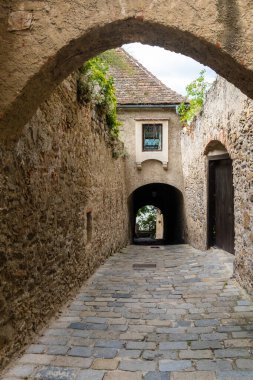 DURNSTEIN, AUSTRIA AUGust 16, 2019: Durnstein, Krem-Land bölgesinde Tuna Nehri üzerinde bulunan küçük bir kasabadır. 