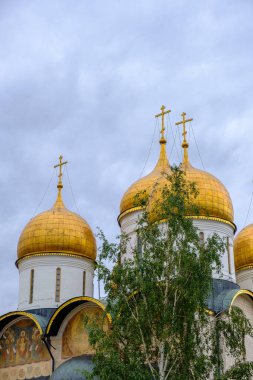 MOSCOW, RUSSIA - 2 AĞUSTOS 2019: Katedral Meydanı veya Sobornaya Meydanı 'ndaki altın kubbeler, Moskova Kremlin' in tüm sokaklarının 15. yüzyılda birleştiği merkez meydan..
