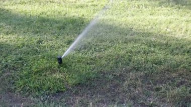 Bahçedeki çimlerin sulama sistemiyle sulanması.