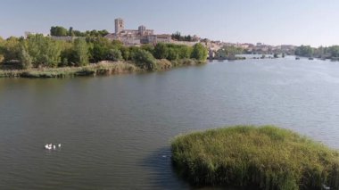 Douro Nehri, güneşli bir yaz sabahı Zamora şehrinden geçer.