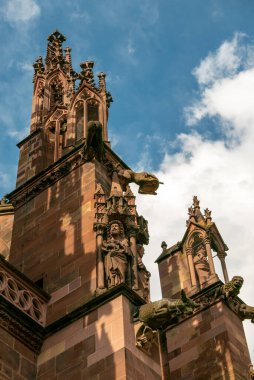 FREIBURG IM BREISGAU, GERMANY - 15 Haziran 2019: Freiburg Minster Freiburg katedrali. Romanca başladı ve Gotik tarzıyla sona erdi. Su hortumları ve diğer heykeller
