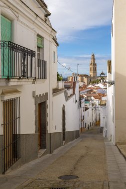 JEREZ DE LOS CABALLEROS, BADAJOZ, SPAIN - NOVEMBER 24, 2018: Badajoz ilindeki Jerez de los Caballero köyünün tipik beyaz boyalı evleri
