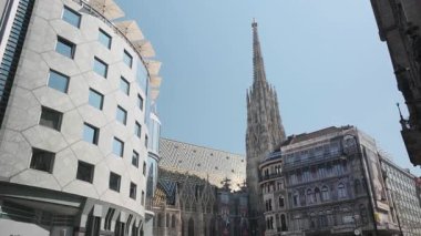 Vienna, AUSTRIA - 15 Ağustos 2019: St. Stephen 's Katedrali, ortaçağ Katolik ibadethanesi, süslü bir kulesi olan. Eğil