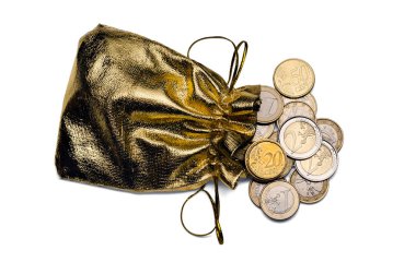 izole altın para çantası dolu euro