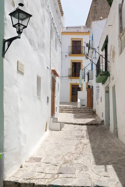 Dik sokakları ve beyazlatılmış evleri olan eski İbiza kasabasının tipik bir köşesi.