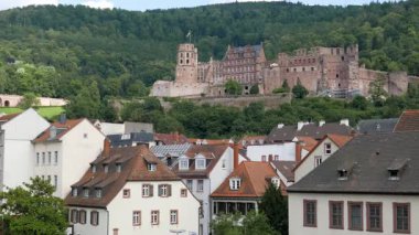 HeideELBERG, GERMANY - 16 Haziran 2019: Neckar 'ın nehir kıyısındaki Heidelberg şatosunun kalıntılarının manzarası,