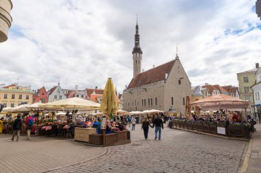 TALLINN, ESTONIA - 12 Haziran 2016: Tallinn 'deki eski şehir Hall Square' de (Raekoja Plats) yaz el sanatları pazarı.