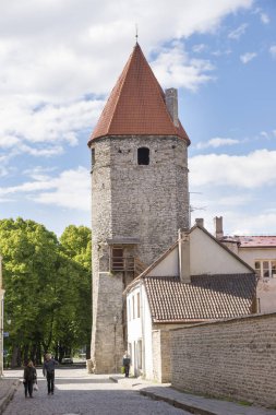 Tallinn, ESTONIA - 12 Haziran 2016: Tallinn şehrini çevreleyen duvarın savunma kulesi