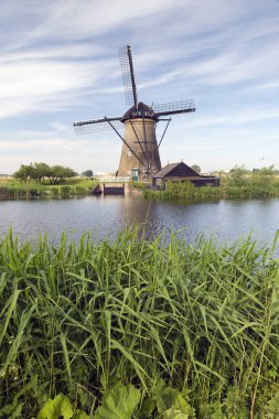 KINDERDIJK, NETHERLANDS - 14 Mayıs 2017: Hollanda 'nın Güney Hollanda eyaletinde yer alan bir Hollanda kentidir ve uluslararası bir anıt olarak Unesco tarafından belirlenen 19 değirmeniyle dünyaca ünlüdür..