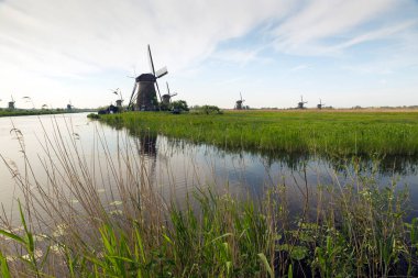 KINDERDIJK, NETHERLANDS - 14 Mayıs 2017: Hollanda 'nın Güney Hollanda eyaletinde yer alan bir Hollanda kentidir ve uluslararası bir anıt olarak Unesco tarafından belirlenen 19 değirmeniyle dünyaca ünlüdür..