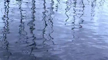 Yağmurlu bir günde gemilerin direkleri suya yansır.