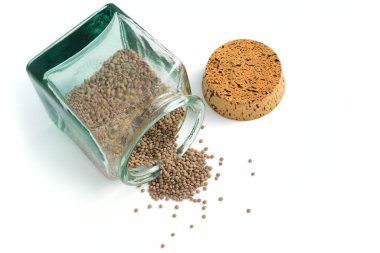 Beyaz arka planda mercimek dolu kavanoz.