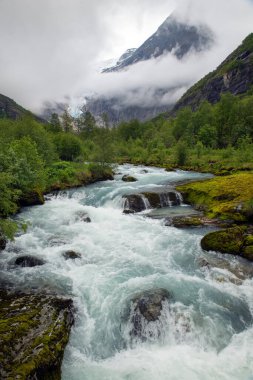 Erimiş buzdan Briksdalsbreen Buzulu 'na giden dağ nehri. Norveç