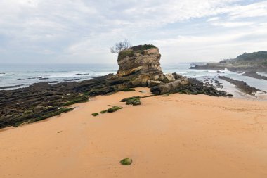 El Camello plajı (Santander, İspanya). Arka planda Mouro Adası ve deniz feneri görünüyor.