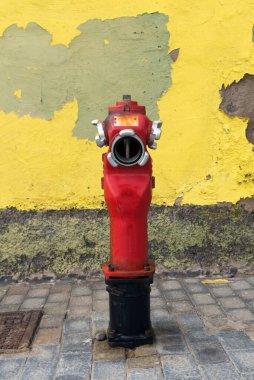 Duvarın yanındaki kırmızı yangın musluğuna yakın çekim. 