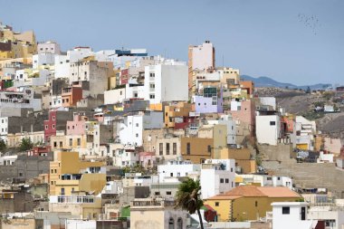 Gran Canaria, İspanya 'nın Kanarya Adaları' ndaki Las Palmas şehrindeki renkli yerleşim yapılarına panoramik bakış
