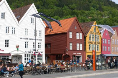 BERGEN, NORway - 1 Haziran 2017: Dünya Mirası Bölgesi Bryggen 'in yeniden inşa edilmiş Hanedan binalarının panoraması