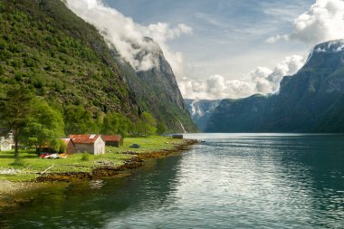 Norveç, Sognefjord 'dan geçiyor. Fiyortun kenarındaki çiftlik.