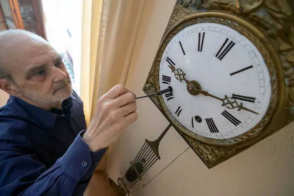 Bir adam, dekoratif detaylarla süslenmiş eski bir duvar saatini sıcak bir iç mekanda ayarlıyor..