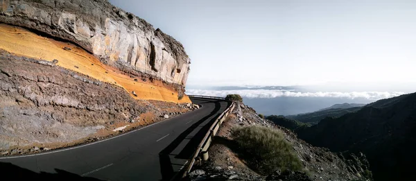 Panorama Dangerous Curved Mountain Road Text Space Clouds — Stock Photo, Image