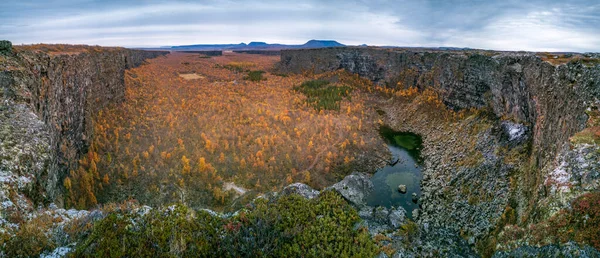 Super Szeroka Panorama Kanionu Asbyrgi Jesienne Kolory — Zdjęcie stockowe