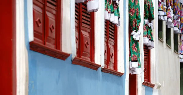 花模様の鮮やかなカーテンは カラフルな赤と青のファサードを持つチャパダ ディアマンティーナ地方の伝統的な町レニスの通りに面した窓を飾る — ストック写真