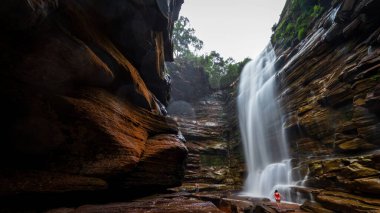 Fotoğraf, Brezilya 'daki ferahlatıcı Sivrisinek Şelalesine giren bir kadının Chapada Diamantina' yı yemyeşil ettiğini gösteriyor..