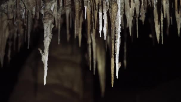 Туристы Исследуют Красивую Пещеру Повешенными Сталактитами Освещенную Ручными Фонарями — стоковое видео