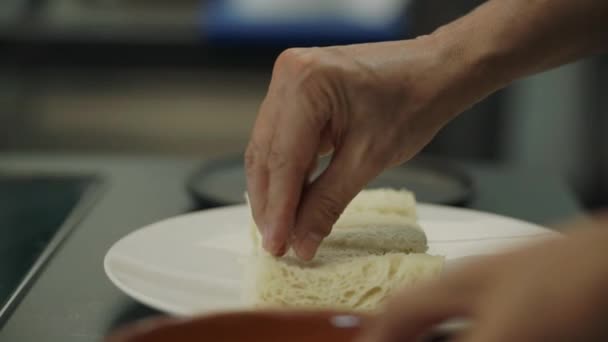 専門家の手は専門の台所のカラメル化のためのトリカに砂糖を注意深く加える — ストック動画