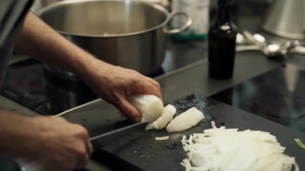 Chef Skillfully Slices Fresh Fish Large Knife Commercial Kitchen Meal — Stock Video