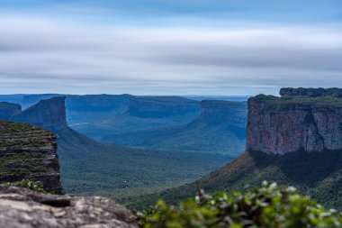 Chapada Diamantina 'da yeşil ve dikey kaya oluşumlarıyla kaplanmış ipeksi bulutlarla kaplı bir vadinin nefes kesici manzarası..