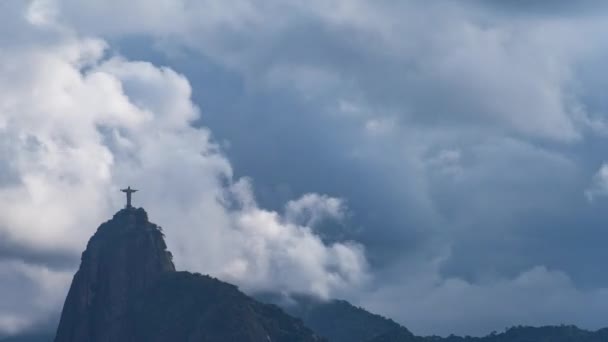 Timelapse Présente Statue Emblématique Christ Brésilien Enveloppée Nuages Orageux Ajoutant — Video