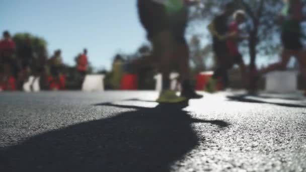 Çeşitli Siluetlerdeki Koşucular Yazın Alacakaranlıkta Bir Şehir Maratonunda Bitiş Çizgisine — Stok video