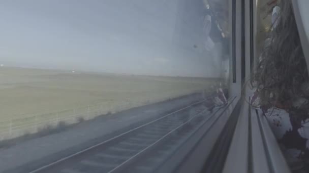 一个女人凝视着外面的圆木格式 从高速火车窗口看到另一个放大的镜头 — 图库视频影像