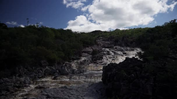 Loopable Vídeo Featuring Waterfall Cascading Rocks Framed Exush Bushes Cloudy — Vídeo de Stock