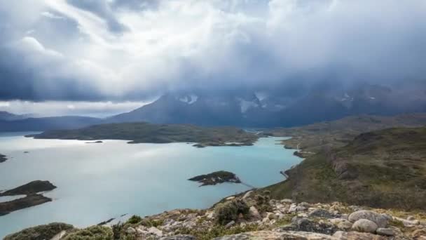 Lago Pehoe Időeltolódása Gleccser Szépséget Mutat Torres Del Paine Csúcsokkal — Stock videók