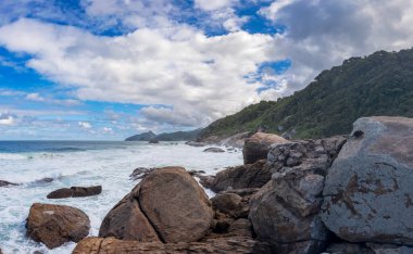 Berrak mavi gökyüzünün altında dalgaların dokulu kayalara çarptığı sakin bir kıyı manzarası..