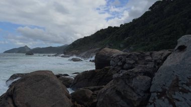 Ağır çekim video, yoğun orman ve yuvarlak kayalarla dolu bir orman adasındaki kayalık kıyılara vuran okyanus dalgalarını yakalıyor..