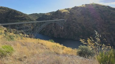Bir köprünün panoramik görüntüsü altında sakin bir nehir bulunan derin bir geçidi geçiyor..