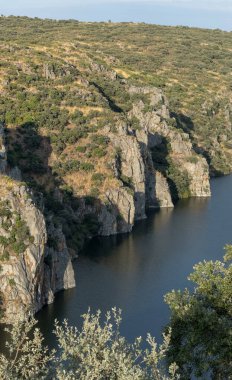 Uçurumlar ve yeşilliklerle çevrili, altın güneş ışığıyla aydınlatılmış huzurlu bir nehir manzarası..