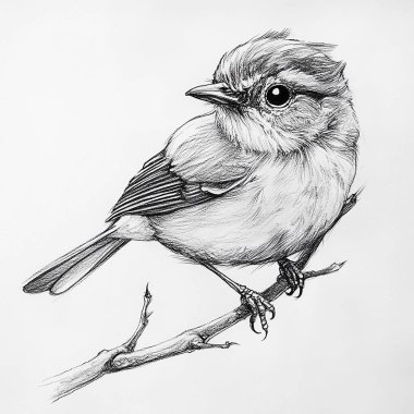 Kuş dalda. El çizimi illüstrasyon. siyah ve beyaz