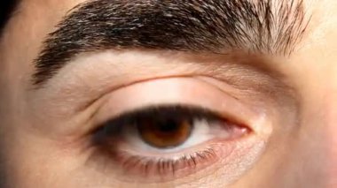 Bir adamın yanıp sönen kahverengi gözüne yakın çekim. Derin kahverengi bir iris ile doğal bir göz kırpma sergiliyor. Yüksek çözünürlüklü çekim, göz kapağının etrafındaki deriden göz kapağının ince çizgilerine kadar gözün berraklığını ve detaylarını vurgular..