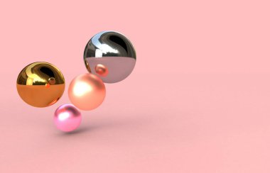 Mor arkaplandaki pembe ve sarı kürelerin 3D yansıması