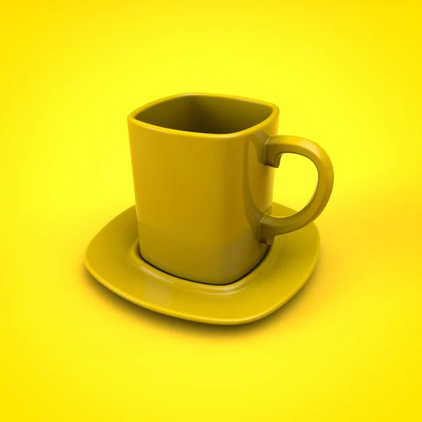 緑の背景にコーヒーの黄色のカップ 3Dイラスト — ストック写真