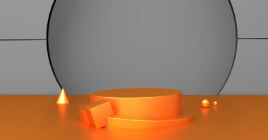 3d Render Platformu, modern stand podyumu antrasit oda arka planında parlak altından yapılmış. Sahne arkasında veya boş ürün rafında boş sergi.